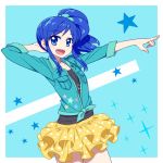  1girl :d aikatsu! arm_behind_head blue_background blue_eyes blue_hair chan_co kiriya_aoi long_hair open_mouth outstretched_arm pointing side_ponytail smile solo sparkle star 