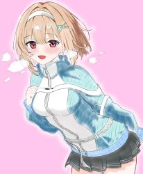  1girl blonde_hair breasts brown_hair chest_harness hair_ornament hairband harness heaven_burns_red highres large_breasts ooshima_muua oyakodon451 red_eyes short_hair siblings skirt solo 