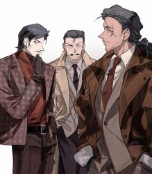  3boys beard_stubble belt brown_coat coat cowboy_shot facial_hair gloves hair_slicked_back hands_in_pockets looking_at_viewer male_focus meitantei_conan mercuryxun morofushi_takaaki mouri_kogoro multiple_boys mustache mustache_stubble ponytail scar scar_across_eye short_hair simple_background stubble suit sweater turtleneck turtleneck_sweater white_background yamato_kansuke 