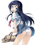  1girl aragaki_ayase ass bag black_hair blue_eyes hinata_mutsuki looking_at_viewer looking_back neckerchief open_mouth ore_no_imouto_ga_konna_ni_kawaii_wake_ga_nai panties school_uniform serafuku shirt short_sleeves simple_background skirt smile solo turning underwear upskirt white_background white_panties 