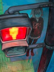  1girl black_jacket black_pantyhose brown_hair closed_mouth expressionless from_above full_body hands_in_pockets highres higuchi_madoka idolmaster idolmaster_shiny_colors jacket long_sleeves looking_ahead mole mole_under_eye outdoors pantyhose pedestrian_lights pleated_skirt short_hair skirt solo standing tactile_paving twilight utility_pole white_skirt yamaichi_(yama3ichi4) 