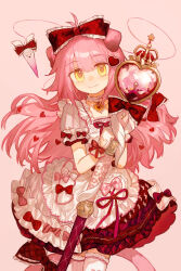  1girl absurdres animal_ears arknights bow chinese_commentary closed_mouth clothing_cutout commentary_request cowboy_shot dress frilled_bow frills gloves goldenglow_(arknights) goldenglow_(party_in_the_garden)_(arknights) hair_bow hair_ornament heart heart_cutout heart_hair_ornament highres holding holding_staff long_hair looking_at_viewer magical_girl official_alternate_costume pink_background pink_hair puffy_short_sleeves puffy_sleeves red_bow short_sleeves simple_background smile solo staff standing star_(symbol) thigh-highs wanquan_touming_(kaishi724) white_dress white_gloves white_thighhighs yellow_eyes 