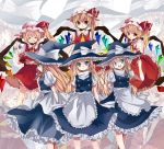  6+girls :t apron ascot blonde_hair blue_eyes blush bow braid closed_eyes crystal flandre_scarlet hair_bow hat highres kirisame_marisa long_hair multiple_girls multiple_persona nonomichi open_mouth red_eyes ribbon short_hair short_sleeves side_ponytail skirt smile touhou vest wings witch_hat zoom_layer 