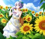  1girl adjusting_hair arm_behind_back bare_shoulders blue_sky bow braid clouds collarbone dress dutch_angle flower frills full_metal_panic! hair_bow hat highres long_hair outdoors parted_lips qiuzhi_huiyi sash silver_hair sky solo standing sun_hat sundress sunflower teletha_testarossa violet_eyes 