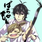  1boy 1girl barakamon black_hair brown_hair calligraphy_brush cheek_pinching child facial_mark handa_seishuu kabochara kotoishi_naru paintbrush pinching side_ponytail smile t-shirt young 