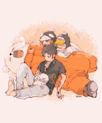  +++ 4boys akuta_ji bear bepo black_hair black_shirt commentary_request full_body hand_tattoo hat highres jumpsuit multiple_boys one_piece orange_hair orange_jumpsuit shachi_(one_piece) shirt short_sleeves signature sleeping smile squeans sunglasses tattoo trafalgar_law 