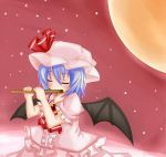  1girl ascot bat_wings blue_hair brooch closed_eyes flute full_moon hat hat_ribbon instrument jewelry mob_cap moon ofukousu red_sky remilia_scarlet ribbon short_hair short_sleeves skirt skirt_set sky solo star_(sky) starry_sky tears touhou wings 