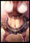  1girl arms_behind_back bare_shoulders breasts fukai_ryousuke head_out_of_frame kantai_collection large_breasts midriff mutsu_(kantai_collection) navel personification red_legwear skirt solo sweat thighhighs 