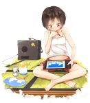  1girl alcohol barefoot beer brown_eyes brown_hair computer fan highres legs minamito navel short_hair shorts sitting solo stylus tablet tablet_pc 