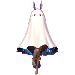  &lt;o&gt;_&lt;o&gt; 1girl animal_ears barefoot dark-skinned_female dark_skin fate/grand_order fate_(series) full_body game_cg ghost_costume hair_ornament jackal_ears long_hair low-tied_long_hair medjed_(fate) nitocris_(fate) nitocris_(swimsuit_assassin)_(fate) official_art purple_hair shima_udon solo standing standing_on_one_leg tachi-e third-party_source transparent_background under_covers very_long_hair 