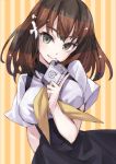  1girl :&gt; book breasts brown_eyes brown_hair gatchaman_crowds grey_eyes hair_ornament ichinose_hajime large_breasts looking_at_viewer matsuryuu rough school_uniform short_hair smile solo striped striped_background 