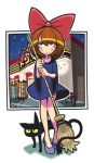  1girl black_cat blush_stickers bow broom cat cosplay dress eyelashes gashi-gashi hair_bow kiki kiki_(cosplay) majo_no_takkyuubin original sayaka-chan_(gashi-gashi) short_hair 
