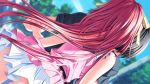  couple dolphin_divers dutch_angle fingers from_behind game_cg interlocked kiss long_hair ogura_minamo pink_hair senomoto_hisashi skirt very_long_hair wind_lift 