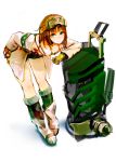  1girl ankle_boots bag bent_over breasts brown_hair character_request cleavage down_blouse gloves goggles goggles_on_head green_eyes jacket leg_warmers short_hair short_shorts shorts so-bin solo 