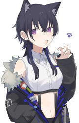  1girl :o absurdres animal_ear_fluff animal_ears bare_shoulders black_hair collared_shirt crop_top cropped_shirt curled_fingers ear_piercing earrings fang fur-trimmed_jacket fur_trim hand_in_pocket highres ichinose_uruha ichinose_uruha_(4th_costume) jacket jewelry light_blush long_hair lupinus_virtual_games midriff multicolored_hair navel off_shoulder oisiimizu paw_print piercing shirt sleeveless sleeveless_shirt sleeves_past_wrists solo streaked_hair stud_earrings suspenders upper_body violet_eyes virtual_youtuber vspo! white_background white_shirt wolf_cut 