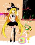  1girl asymmetrical_clothes blonde_hair bow braid brick_wall hair_bow hat hat_ribbon highres kirisame_marisa long_hair plant ribbon solo star touhou web wink witch_hat yellow_eyes yuzupie123 