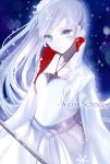  blue_eyes dress earrings hanaka jewelry long_hair necklace ponytail rwby sword weapon weiss_schnee white_hair 