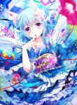  1girl animal_ears belt blue_hair blush dress finger_to_mouth flower fumiko_(miruyuana) head_fins highres japanese_clothes kimono looking_at_viewer mermaid monster_girl obi ribbon short_hair smile solo touhou traditional_clothes underwater wakasagihime water 