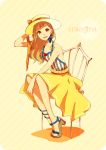  1girl anklet bare_legs bare_shoulders brown_eyes brown_hair chair ear_studs earrings hat hat_ribbon highres jewelry legs_together long_hair natsu_no_jin orangina original ribbon sandals sitting skirt smile solo sun_hat vertical_stripes 