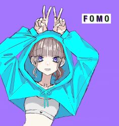  1girl aegyo_sal arms_up blue_hoodie collarbone cropped_hoodie double_v eyes_visible_through_hair grey_hair grey_sports_bra heart highres hood hood_up hoodie jewelry looking_at_viewer neck_piercing original piercing purple_background ring short_hair simple_background solo sports_bra teeth upper_body v violet_eyes yoshioka_suke 