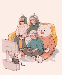  4boys akuta_ji bear bepo black_hair commentary_request couch hat highres hood hoodie multiple_boys on_couch on_ground one_piece open_mouth orange_hair orange_sweater penguin_(one_piece) playing_games shachi_(one_piece) sideburns smile sunglasses sweatdrop sweater trafalgar_law turtleneck turtleneck_sweater white_hoodie zipper 