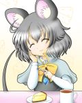 1girl :3 ^_^ animal_ears blush cake capelet cheesecake closed_eyes coffee cup dish eating food fork grey_hair hand_on_own_cheek highres jewelry long_sleeves mouse_ears mouse_tail nazrin pendant ribbon short_hair solo tail tail_raised touhou vest