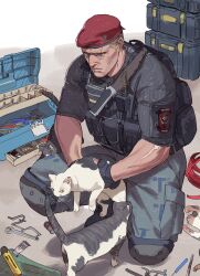  1boy absurdres animal arm_patch backpack bag beret black_shirt blonde_hair blue_eyes boxcutter bulletproof_vest calico cat closed_mouth combat_knife commentary_request hat highres holding holding_animal holding_cat jack_krauser knee_pads kneeling knife korean_commentary male_focus military_uniform multicolored_fur on_(isk1812) pouch red_hat resident_evil resident_evil_4 scar scar_on_face serious shirt short_hair short_sleeves solo toolbox weapon wrench 