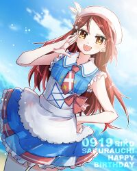  1girl beret blue_dress collarbone collared_dress commentary_request dress frilled_dress frills half_updo hand_up hat highres kanduki_kamibukuro kimi_no_kokoro_wa_kagayaiteru_kai? long_hair love_live! love_live!_sunshine!! necktie official_alternate_costume red_hair red_necktie sakurauchi_riko short_dress short_necktie sleeveless sleeveless_dress solo white_hat yellow_eyes 