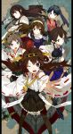  6+girls ahoge airplane akagi_(kantai_collection) arrow bare_shoulders blue_eyes blue_hair blush brown_hair character_request hair_ornament hairband headband hiei_(kantai_collection) highres houshou_(kantai_collection) kaga_(kantai_collection) kantai_collection karei_(hirameme) kongou_(kantai_collection) long_hair looking_at_viewer map multiple_girls muneate open_mouth outstretched_arm personification ponytail ship side_ponytail skirt smile 