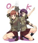  2girls :o bangs blue_eyes blunt_bangs blush braid brown_eyes brown_hair highres kantai_collection kitakami_(kantai_collection) loafers long_hair multiple_girls oofuji_wataru ooi_(kantai_collection) personification pose purple_hair school_uniform shoes skirt smile spelling squatting twin_braids 