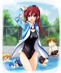  1girl 4boys chibi competition_swimsuit free! hazuki_nagisa jacket long_hair matsuoka_gou multiple_boys n-minato nanase_haruka_(free!) one-piece_swimsuit ponytail red_eyes redhead ryuugazaki_rei swimsuit tachibana_makoto 