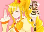  1girl :d blonde_hair braid brown_eyes brown_hair dual_persona female long_hair marblewars open_mouth original outstretched_hand pink_background precure side_ponytail simple_background smile solo star twin_braids wink yellow_eyes 