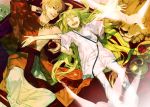  2boys blonde_hair earrings enkidu_(fate/strange_fake) fate/strange_fake fate/zero fate_(series) gilgamesh green_hair jewelry lion long_hair male multiple_boys necklace outstretched_arms red_eyes robe shishio short_hair trap 