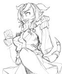  1girl badge button_badge clenched_hands draenei fangs greyface horns leg_up monochrome no_pupils open_mouth persona persona_4 pointy_ears satonaka_chie short_hair sketch skirt solo tail tail_ornament track_jacket 