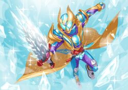1boy absurdres armor blue_armor blue_helmet full_body helmet henshin_belt_gavv highres holding holding_sword holding_weapon ice kamen_rider kamen_rider_gavv kamen_rider_gavv_(blizzardsorbet_form) kamen_rider_gavv_(series) otokamu power_armor solo sword weapon