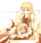  2girls alice_margatroid apron blonde_hair blush braid capelet closed_eyes couch hairband kerasu kirisame_marisa lap_pillow long_hair multiple_girls no_hat puffy_sleeves sepia short_hair single_braid sitting touhou waist_apron yellow_eyes yuri 