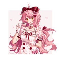  1girl :d absurdres arknights border bow cup dress drink frilled_bow frills gloves goldenglow_(arknights) goldenglow_(party_in_the_garden)_(arknights) grey_background hair_bow hair_ornament heart heart_hair_ornament highres holding holding_drink holding_saucer itsuki_(silence1997sea) long_hair official_alternate_costume open_mouth orange_eyes outside_border pink_hair plaid_bow puffy_short_sleeves puffy_sleeves red_bow red_ribbon ribbon saucer short_sleeves simple_background smile solo teacup white_border white_dress white_gloves 