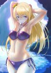  arms_up bikini blonde_hair blue_eyes breasts flower hair_flower hair_ornament inu_(aerodog) long_hair looking_at_viewer mouth_hold navel original shiny shiny_skin side-tie_bikini solo standing swimsuit 