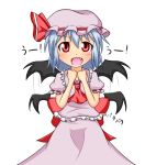  1girl ascot bat_wings blue_hair fang flapping hat hat_ribbon looking_at_viewer nogiguchi open_mouth puffy_sleeves red_eyes remilia_scarlet ribbon shirt short_sleeves simple_background skirt skirt_set smile solo touhou translated uu~ white_background wings 