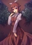  1girl animal_ears black_wings blush dress fingernails hand_to_own_mouth hat mystia_lorelei open_mouth purple_hair red_eyes sharp_fingernails short_hair simple_background smile solo touhou ukyo_rst wings 