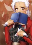  1girl archer book dark_skin fate/stay_night fate_(series) genderswap grey_eyes highres solo washizu0808 white_hair 