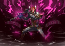  1boy absurdres armor black_bodysuit bodysuit brown_armor brown_helmet helmet highres kamen_rider kamen_rider_gavv_(series) kamen_rider_valen otokamu power_armor purple_background solo 