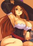  1girl and armpits bare_shoulders breasts brown_eyes brown_hair cleavage detached_sleeves dragon&#039;s_crown dress hat large_breasts long_hair side_slit sitting solo sorceress_(dragon&#039;s_crown) strapless_dress thighs witch_hat yokozuwari 