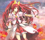  1girl clouds cure_ace dokidoki!_precure fire flower light_smile long_hair madoka_aguri outstretched_arm petals ponytail precure red_eyes redhead rose sky solo toromi_chuuka 