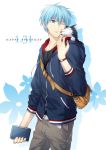  1boy backpack bag blue_eyes blue_hair book dog hoodie kuroko_no_basuke kuroko_tetsuya licking puppy solo wink xia_(ryugo) 