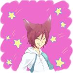  1boy animal_ears closed_eyes fox_ears free! grin hoodie male matsuoka_rin redhead sharp_teeth short_hair smile star 