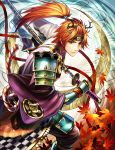  1boy forehead_protector haru_(toyst) horns leaf long_hair male maple_leaf orange_hair original ponytail rope solo sword weapon 