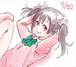  1girl \m/ black_hair blush knees_on_chest long_hair looking_at_viewer love_live!_school_idol_project red_eyes school_uniform sketch smile solo twintails wantacchi yazawa_nico 