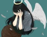 1girl angel_wings black_hair blue_background casual feathered_wings feathers haibane_renmei halo long_hair reki sad simple_background solo torisoboro wings 