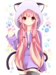  1girl :&lt; animal_hat blush bow cat_hat cat_tail gasai_yuno hair_bow hakumugi hat hoodie long_hair mirai_nikki pink_eyes pink_hair polka_dot polka_dot_background solo tail thigh-highs twintails zipper 